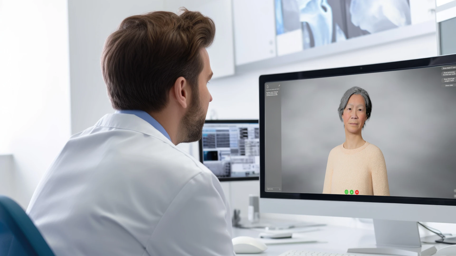 A doctor looking at a screen with a virtual patient